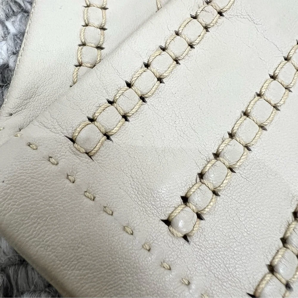 Vtg midcentury beige leather decorative lacing wrist length driving gloves 7 1/2